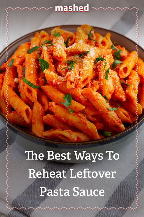 Whether you're aiming for leftovers or creating a brand-new dish, you can check out our list of the best ways to reheat every kind of pasta sauce. #Pasta #CookingTips How To Reheat Pasta, Leftover Pasta Sauce, Pasta With Sauce, Reheat Pasta, Sauce Pasta, Pasta Sauce, Kitchen Hacks, Pasta Dishes, Cooking Tips