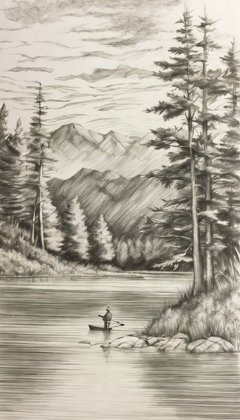 Scenery With Pencil Shading, Rural Landscape Drawing, Sketch Ideas Scenery, Landscape Sketch Nature Pencil Drawings, Scenery Sketch Landscapes, Pencil Shading Scenery, Sketsa Ideas, Draw Christmas, Sketch Board