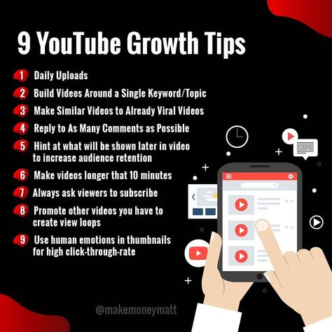 Here's 9 tips to help you grow on YouTube . Obviously, these aren't the only factors YouTube looks at when ranking your videos and choosing whether or not to promote it via the suggested tab . But if you get above a 60% average view duration and above a 9% click through rate, your video is VERY likely to go viral 📈 . The tips in this post will help you get those statistics as well as help you boost your engagement rate on your videos. #Youtubetips #youtubehacks #youtubemoney Description For Youtube, Youtube Growth Tips, Youtube Growth, Youtube Marketing Strategy, Finanse Osobiste, Ecommerce Dropshipping, Start Youtube Channel, Youtube Hacks, Youtube Business