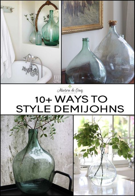 Antique French Demijohns - How to Decorate with Them and Where to Find Them!!---> #maisondecinq demijohn frenchdemijohn antiquedemijohn antiques vintagestyle frenchcountry frenchfarmhouse europeanfarmhouse decoratingideas homedecor homedecorideas interiordecorating interiorstyling Glass Jugs Decor Ideas, Demijohn Ideas, Glass Jugs Decor, Glass Vases Decor Ideas, Vintage Bottles Decor, Glass Cloche Decor, Glass Jug Vase, Glass Bottle Decor, Jug Decor