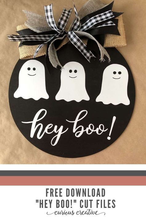 Get a free svg halloween cut file with the phrase Hey Boo! to make a cute wood sign. Hey Boo Wood Sign, Hey Boo Svg Free, Fun Halloween Signs, Halloween Plaques Wood Signs, Halloween Wood Circle Signs, Round Signs Wood Diy Halloween, Halloween Wood Rounds, Halloween Circle Signs, Boo Signs For Halloween