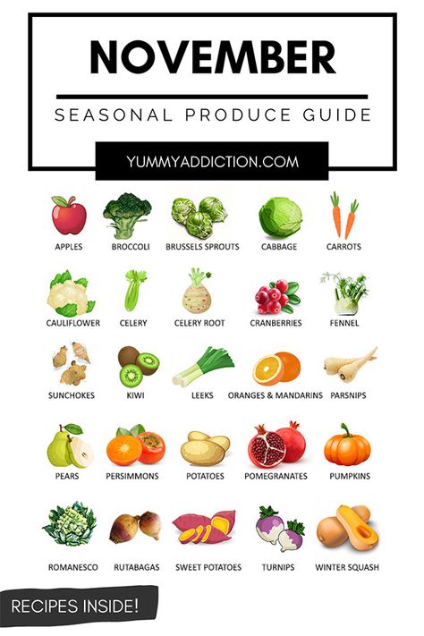 A seasonal produce guide highlighting fruits and vegetables that are at their best in November. Tips on how to use them and recipes inside! #produce #november #vegetables #fruits #seasonal November Fruits In Season, November Fruits And Vegetables, Seasonal Veggies And Fruits, November Seasonal Produce, November Produce In Season, November Vegetables, November Produce, What To Plant In November, November Meals