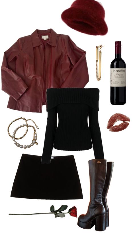 Adele Inspired Outfit, Wine Leather Jacket Outfit, Red Leather Top Outfit, Red Off Shoulder Top Outfits, Fall Leather Skirt Outfit, Red Wine Outfit, Red Leather Skirt Outfit, Wine Red Jacket, Red Leather Jacket Outfit