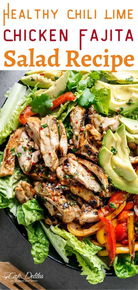 Cooked Chicken For Salads, Grilled Chili Lime Chicken Fajita Salad, Cilantro Lime Chicken Salad Recipe, Summer Dinner Salads Healthy Recipes, Chicken Fajitas Salad Recipe, Shrimp Fajita Salad, Chicken Green Salad Recipe, Main Meal Salad Recipes, Spanish Chicken Salad