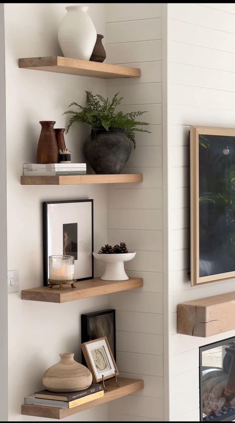 Fireplace Shelves Floating, Floating Shelves Living Room, Shelf Decor Living Room, Fireplace Shelves, Styling Shelves, Build Home, Electric Fireplaces, Living Room Shelves, Decorating Shelves