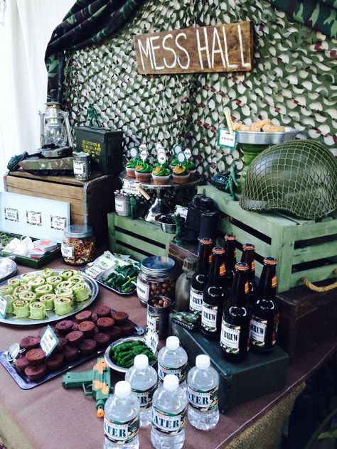 Camouflage Theme Party, Army Navy Game Party, Army Party Snacks, Mess Hall Party Ideas, Modern Warfare Birthday Party, Army Tank Birthday Party Ideas, Army Birthday Party Food Ideas, Army Food Party Ideas, Camo Birthday Party Decorations