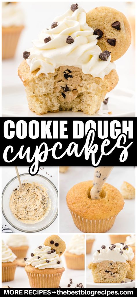 The best cupcake for cookie dough lovers! These indulgent cupcakes are easy vanilla cupcakes filled with edible cookie dough and topped with a whipped cream frosting. The ultimate dessert for cupcake and cookie lovers. Chocolate Chip Cookie Dough Cupcakes, Easy Cookie Dough, Easy Vanilla Cupcakes, Homemade Cookie Dough, Cookie Dough Cupcakes, Best Cupcake, Cookie Dough Filling, Cookie Dough Frosting, Edible Cookie Dough Recipe