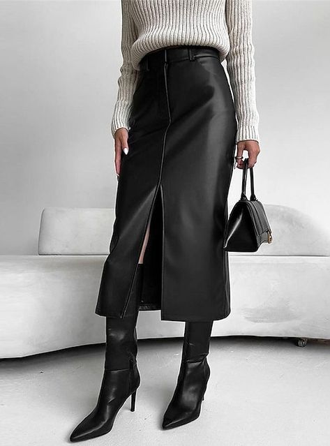 Leather Skirt Long Outfit, Faux Leather Midi Skirt Outfits, Black Leather Maxi Skirt Outfit, Fitted Skirt Outfits, Long Leather Skirt Outfit Winter, Black Midi Leather Skirt, Leather Long Skirt Outfit, Black Leather Midi Skirt Outfit, Leather Maxi Skirt Outfit