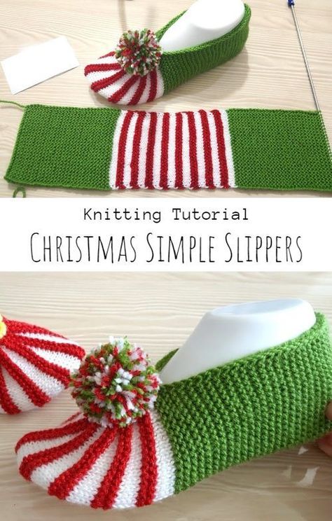 Slippers For Christmas, Simple Slippers, Christmas Knitting Projects, Addi Knitting Machine, Christmas Knitting Patterns Free, Modern Knitting Patterns, Knit Slippers Free Pattern, Christmas Easy, Knitted Slippers Pattern