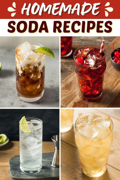 Skip the canned stuff and try these homemade soda recipes! From traditional cola to root beer to cherry, these tasty drinks are sure to please! Fresca Soda Drinks, Homemade Sprite Recipe, Homemade Dr Pepper Soda, Davinci Syrup Recipes Drinks, Soda Flavor Recipes, Fruit Soda Recipe, Healthy Soda Recipes, Homemade Cream Soda, Mormon Soda Recipes