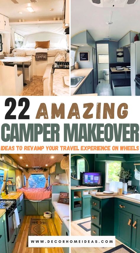 Transform your camper into a stylish and functional space with these 22 amazing makeover ideas. From cozy interiors to clever storage solutions, discover how to revamp your travel experience on wheels. Get inspired by creative decor tips and innovative upgrades that will make your camper the envy of the campground. Ready to hit the road in style? Find out more in our comprehensive guide! Remodeling Campers Interior, How To Remodel A Camper, Camper Makeover Ideas, Rv Hacks Travel Trailers, Rv Decorating Ideas Rv Interior, Rvs Interior, Diy Travel Trailer, Travel Trailer Interior, Popup Camper Remodel