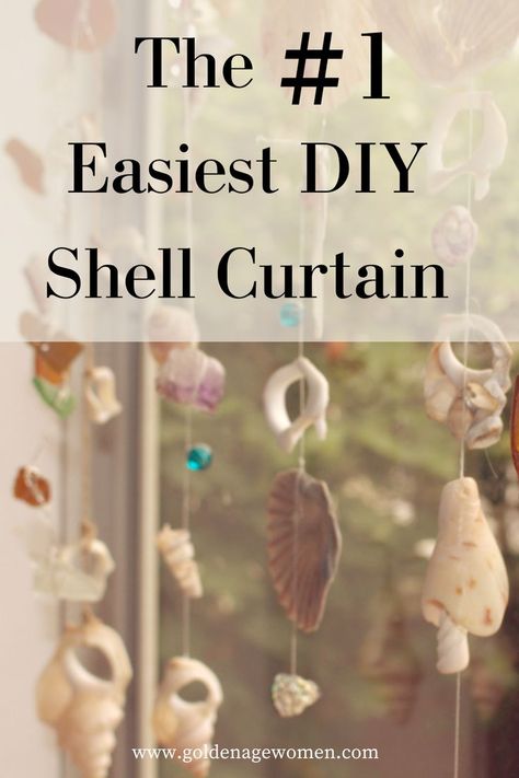 Shell Curtain Diy, Seashell Curtains Diy, Shell Curtains Seashells, Hanging Shells Decor, Seashell Hanging Decor Diy, How To Make Seashell Windchimes, Sea Shell Garland Diy, Seashell Chimes Diy, Shell Garland Diy