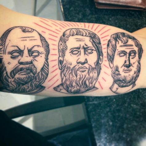 Philosophy bicep tattoo of Socrates, Plato & Aristotle Plato Tattoo, Aristotle Tattoo, Socrates Tattoo, Philosophy Tattoo, Philosophy Tattoos, Traditional Lion Tattoo, Traditional Tattoo Animals, Traditional Tattoo Reference, Underwater Tattoo