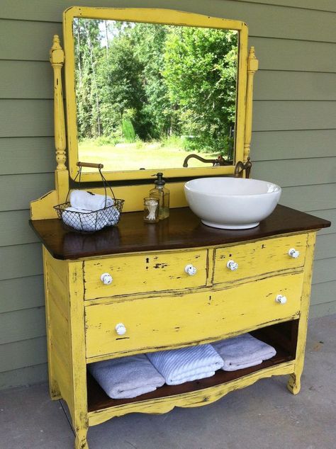 Dresser Turned Into Bathroom Vanity. I remember my mom did this when we were kids.  She was way ahead of her time.  Wonder where I get my creative bug from? Yellow Dresser, Dekorere Bad, Unique Bathroom Vanity, Credenza Vintage, Farmhouse Bathroom Vanity, Diy Casa, Shabby Chic Bathroom, Diy Dresser, Chic Bathrooms