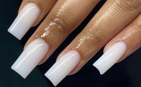 Milky Tapered Square Nails, White Nut Color Nails, Medium Length Milky White Acrylic Nails, Pure White Nails Acrylic, Milky White Medium Nails, Medium Length Milky White Nails, White Nails Glossy, Nails White Cream, Plain Milky White Nails