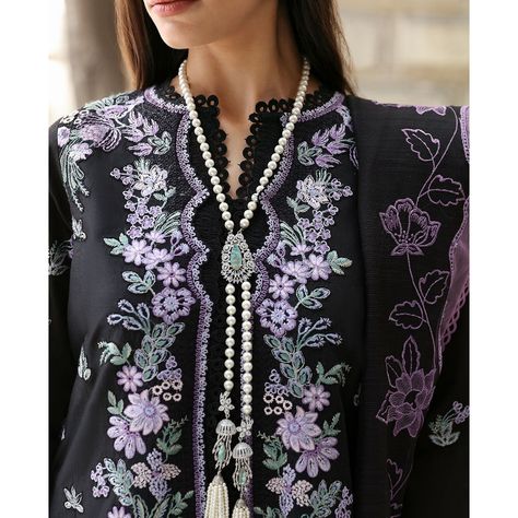 EMBROIDERED PRET BY REPUBLIC WOMENSWEAR Embrace elegance with intricate floral embroidery in lilac and pink on black panels. Featuring a keyhole neckline, fitted sleeves, and an appliqué dupatta adorned with bold floral patterns. FOR MORE DRESSES VISIT Kapraye - Pakistani Designer Dresses online Clothing Shop in UK/US/UAE Shipping worldwide���🚚 Free Shipping in UK 80% off Shipping in US #pakistanidress #bridalmakeup #khaadi #sanasafinaz #pakistanidressesuk #kapraye #pakistaniwear #pakistanw... Republic Womenswear, Fitted Sleeves, Suits Design, Embroidery Suits Design, Boutique Dress Designs, Keyhole Neckline, Boutique Dress, Pakistani Dress Design, Embroidery Suits