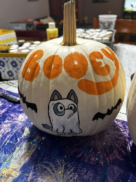 Baby Pumpkin Ideas Paint, Kids Pumkin Decoration Ideas, Halloween Town Pumpkin Painting, Cute Pumpkin Carving And Painting Ideas, Kid Painted Pumpkins Ideas, Painted Pumpkin Ideas Bluey, Pumpkin Painting Ideas Kid Friendly, Bluey Halloween Pumpkin, Cute Aesthetic Pumpkin Carving