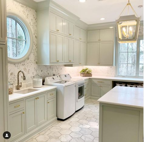 Laundry Room Tile, Dream Laundry Room, Mudroom Laundry Room, Laundry Room Renovation, Laundry Room Inspiration, Laundry Room Remodel, Room Tiles, Green Cabinets, Room Renovation