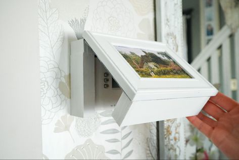 DIY thermostat cover using an old picture frame and Dollar Tree wood Picture Frame Cover Up, Cover A Thermostat, Decorative Thermostat Cover, Frame Around Thermostat, Thermostat Cover Ideas, Picture Frame Around Thermostat, Diy Thermostat Cover, Hinge Picture Frame, Hide Thermostat