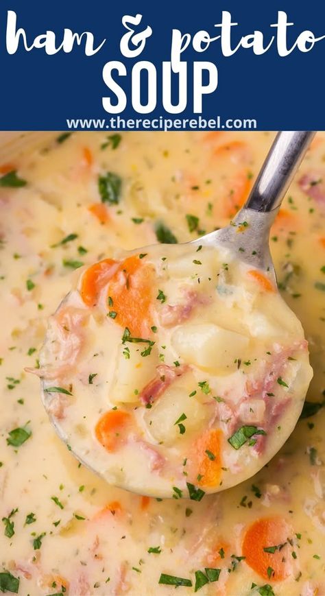 This Ham and Potato Soup, is one of my favorite soup recipes! Ready in just 35 minutes, it's made with root vegetables and cooked ham, with the bone, it's rich, flavorful, and filling! #soup #dinner | soup recipe | leftover ham | potato soup | easy dinner | dinner recipes | easy recipe Cheese Ham Potato Soup, Best Ham Soup Recipes, Potato Soup With Potato Flakes, Ham And Potatoes Soup Recipes, Ham And Potato Soup With Hashbrowns, Ham Hock Potato Soup, Ham Shank Soup, Ham Hock Recipes Soup, Ham And Rice Soup Recipes