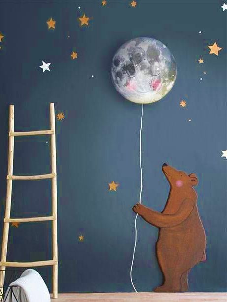 A moon wall lamp for the baby's nursery brings a natural, calming aspect to the decor of a boy, girl or a neutral nursery room design.   The bear can be replaced by pretty much any animal or object of your choosing and the moon lamp doubles as a night light. Moon Wall Light Nursery, Night Time Nursery Theme, Goodnight Moon Nursery, Boys Space Bedroom, Neutral Nursery Rooms, Night Nursery, Moon Decoration, Moon Night Light, Baby Nursery Wall Decor