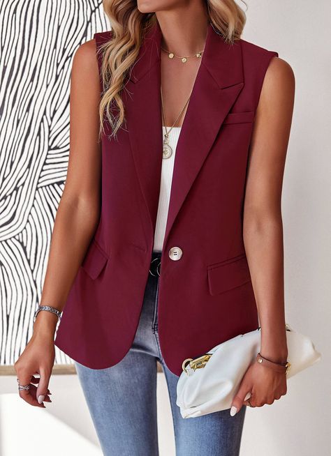 This burgundy Radford Blazer Vest is a versatile addition to any wardrobe - perfect for layering and adding a pop of color. Made with high-quality materials, it features a classic blazer-style cut and can be dressed up or down for any occasion. Get ready to turn heads and make a statement with this unique piece. Size Guide: Model is 5’8” tall, and has a 33.5” bust, 26.5” waist, & 36.2” hips. She is wearing a S / US 4 / AU 8. This vest is true to size. Material: Self: 90% Polyester 10% Spandex, Lining: 100% Polyester. Feature: Pocketed. Notched lapel. Sleeveless. Relaxed oversized fit. Care Instructions: Machine wash / Cold hand wash Wine Outfit, Waistcoat Woman, Fall Chic, Sleeveless Suit, Straight Clothes, Outer Women, Stylish Suit, Classic Blazer, Blazer Vest