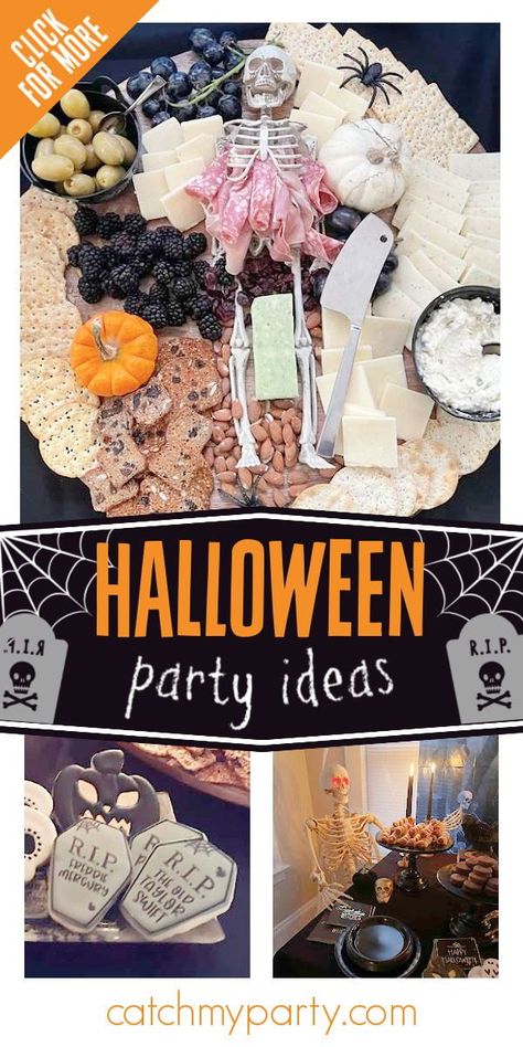 Check out this spooky Halloween gothic Monster Mash Halloween party! The skeleton grazing platter is so creepy! See more party ideas and share yours at CatchMyParty.com Monster Mash Halloween Party, Elegant Halloween Party, Backyard Halloween Party, Gothic Monster, Halloween Bingo Cards, Outdoor Halloween Parties, Family Halloween Party, Grazing Platter, Halloween Countdown Calendar