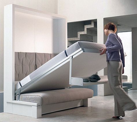 murphy bed bench Clever Furniture, Murphy Bed Ikea, Space Saving Beds, Hidden Bed, Murphy Bed Plans, Folding Beds, Wall Bed, Spare Bedroom, Multifunctional Furniture