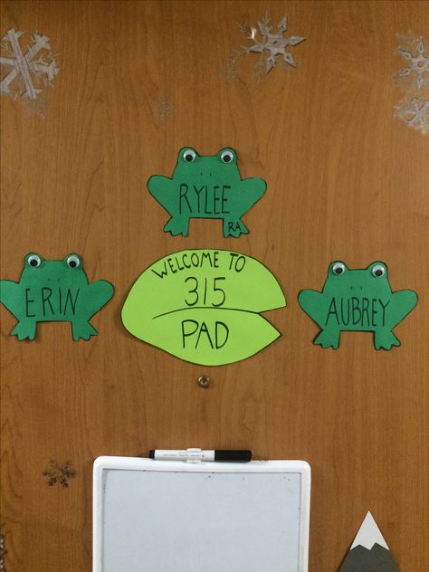 Frog RA door decs Frog Door Decs, Cute Door Decorations College, Door Decs Dorm, College Door Decs Resident Assistant, Door Dec Ideas College, Ra Door Tags Colleges, Door Decks Ra, Ra Floor Themes Door Decs, Easy Door Decs Ra