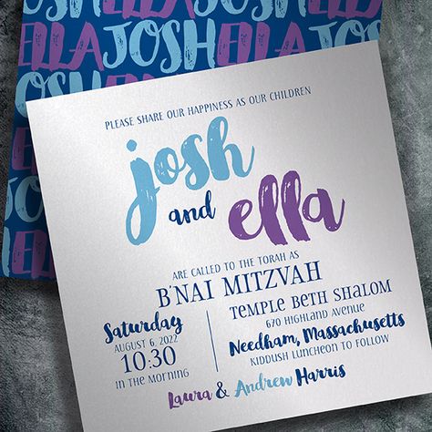 Josh and Ella G527 Bat or B'nai Mitzvah invitation    EventPrints, Bar Mitzvah, Bat Mitzvah, B'nai Mitzvah, B'not Mitzvah, Wedding Invitation, customizable invitations, unique, modern, creative http://www.eventprints.com     Brush Script  Blue  Purple  B'nai  Step and Repeat best mitzvah invitations Bnai Mitzvah Invitations, Bnai Mitzvah, Mitzvah Invitations, Step And Repeat, Bar Mitzvah Invitations, Bat Mitzvah Invitations, Affordable Wedding Venues, Brush Script, Wedding Registry