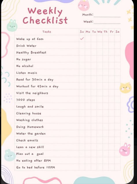 Daily Routine Schedule Checklist, Weekly Planner Checklist, To Do List Daily Things To Do, Weekly Planner Colorful, Daily Routine Schedule Journal, Daily Routine Wallpaper Aesthetic, Digital Checklist Template, Week Routine Daily Schedules, Daily Routine Schedule Planner