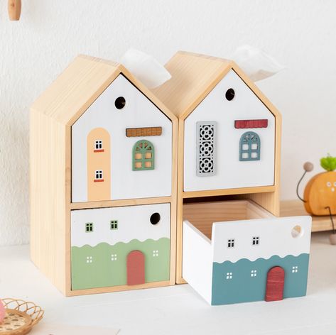 Wooden Small House Tissue Box with Drawer Storage Box - New Arrives - FeelGift