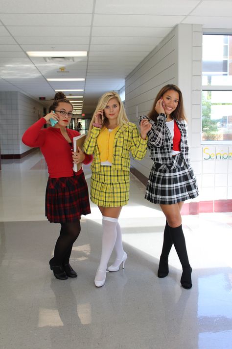 Clueless Character Day❤️ Clueless Costume Trio, Clueless Trio Halloween Costume, Clueless Themed Outfits, Clueless Halloween Costume Trio, Clueless Photoshoot Ideas, Movie Day Outfit Spirit Week, Trio Movie Characters, Clueless Birthday Party Theme, Muck Up Day Costumes