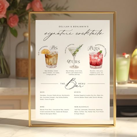 Cheers to a perfect union! Elevate your wedding celebration with our exquisite hand-painted watercolor his, ours and hers wedding signature cocktails and bar menu sign. We crafted a stunning display of his, hers and ours cocktails in watercolor, beautifully portrayed through delicate watercolors. Make a statement on your special day, adding elegance and whimsy to the festivities. Indulge your guests in an enchanting visual experience that will leave everyone captivated. Personalize with your wedding drink menu. Hand-painted watercolor drinks and design by Moodthology Papery. His And Her Wedding Drink Sign, His And Hers Drink Menu Wedding, His Hers Wedding Cocktails, Alcohol At Wedding Receptions, Cocktail Menu For Wedding, Signature Drink Ideas Wedding, His And Her Drink Menu Wedding, Wedding Cocktails Sign, Signature Drink Signs Wedding