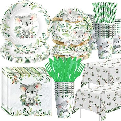 【What Will You Get】Australian animal theme koala party supplies kit included 24pcs 9'' koala dinner plates, 24pcs 7'' koala bear dessert plates, 24pcs koala theme napkins, 24pcs cups, 24set cutlery, 24pcs paper straws, 2pcs koala tablecloth, for koala birthday decorations and koala baby shower decorations Koala Birthday Party, Koala Bear Baby, Koala Birthday, Bear Baby Shower Theme, Animal Baby Shower Theme, Bear Birthday Party, Bear Theme, Bear Party, Koala Baby