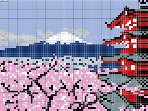 Japanese scene with home, cherry blossom, and my. Fuji chart for cross stitch, knitting, knotting, beading, weaving, pixel art, and other crafting projects. Japan Cross Stitch, Japanese Cross Stitch Patterns, Cherry Blossom Pixel Art, Japanese Pixel Art, Pixel Art Japanese, Cross Stitch Japanese, Japanese Cross Stitch, My Fuji, Cross Stitch Knitting