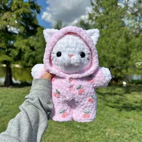 kitty in a pink cherry onesie 🐈🍒 plushie available on my etsy ☁️ pattern by me 🫧 #crochet #amigurumi #crochetkitty #catplush #amigurumicat #crochetcat #crochetplushies Crochet Cute Pink, Me As A Hobby, Crochet Pink Ideas, Pink Crochet Plushies, Crochet Plushies For Beginners, Small Crochet Plushies, Easy Crochet Plushies, Crochet Plushie Ideas, Pink Crochet Ideas