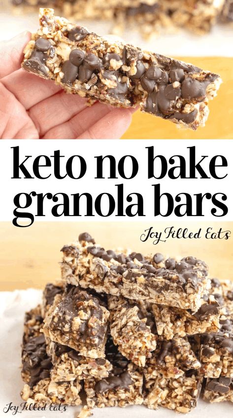 This Low Carb Chocolate Chip Granola Bars Recipe has just 6 ingredients and takes 10 minutes to make. My healthy no bake granola bars are perfect to keep in your purse for emergencies or send in your child's lunchbox to school. Each keto-friendly bar has 5 net carbs and is full of protein and good fats with nuts, coconut, and chocolate. You can customize them with your favorite mix-ins! This easy recipe is low carb, keto, gluten-free, grain-free, sugar-free, and Trim Healthy Mama friendly. Keto Granola Bars, Bake Granola Bars, No Bake Granola, Keto No Bake, Chocolate Granola Bars, Low Carb Granola, No Bake Granola Bars, Healthy Granola Bars, Keto Bars