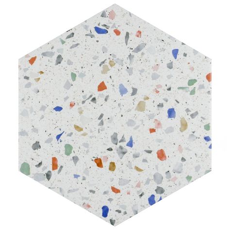 Replicating a worn concrete appearance with floating fragments of colorful stones, our Venice Hex Colors Light Porcelain Floor and Wall Tile lends a burst of terrazzo-look energy to any space. This hexagon Affinity Tile, Fireplace Facade, Lemon Grove, Colorful Stones, Colourful Tile, Merola Tile, Porcelain Floor, Hexagon Tiles, Up House