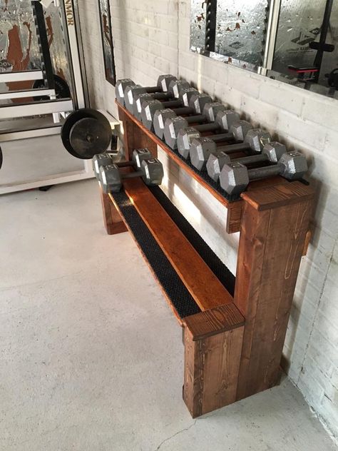 Dumbbell Rack made from reclaimed and scrap wood. Dumbell Wooden Rack, Dumbell Rack Diy Wood, Diy Weight Rack, Diy Dumbbell Rack, Dumbell Rack, Diy Dumbbell, Home Made Gym, Backyard Gym, Dream Gym