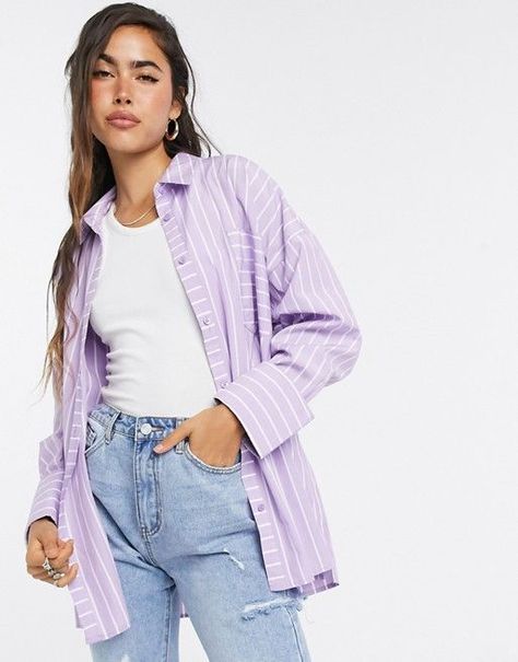 Lilac Button Down Shirt Outfit, Purple Shirt Outfits, Outfits With Striped Shirts, Outfits Con Camisa, Lavender Shirt, Smart Casual Women, Home Wear Women Pajamas, Home Wear Women Casual, Striped Shirt Women