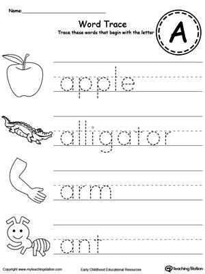 Trace Words That Begin With Letter Sound: A Words With Letter A, A Sound Words Worksheet, Trace The Alphabet, Shape Worksheets For Preschool, Letter Worksheets For Preschool, Alphabet Worksheets Kindergarten, Alphabet Words, Kindergarten Reading Worksheets, Learn The Alphabet