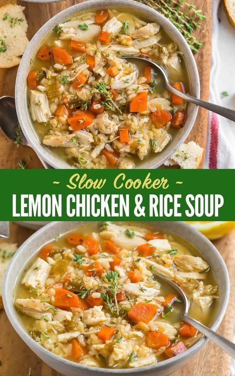 Crock Pot Chicken and Rice Soup. Made with brown rice, fresh vegetables, chicken broth, and lemon, this healthy crockpot soup is easy to make, hearty, and filling! #wellplated #slowcooker #crockpot #soup via @wellplated Lemon Chicken And Rice Soup, Rice Soup Crockpot, Crock Pot Chicken And Rice, Lemon Chicken Rice Soup, Slow Cooker Lemon Chicken, Healthy Crockpot Soup, Lemon Chicken Rice, Beef Crockpot, Crockpot Chicken Healthy