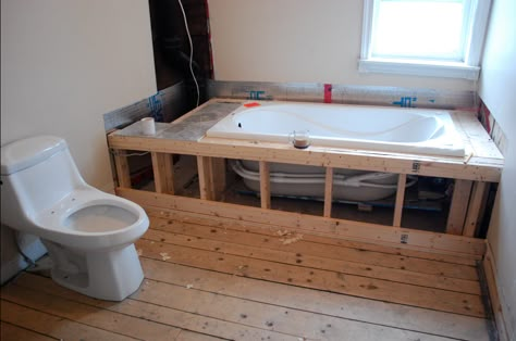 Build a frame around a bathtub, and install tiling for a built-in bathtub.  If you can, try to make a door or some way for easy access if you have to mess with the pipes or drain in the future. Drop In Tub Surround, Bathtub Frame, Drop In Tub Ideas, Concrete Bathtub, Bathtub Ideas, Bathtub Surround, Built In Bathtub, Diy Bathtub, Drop In Tub