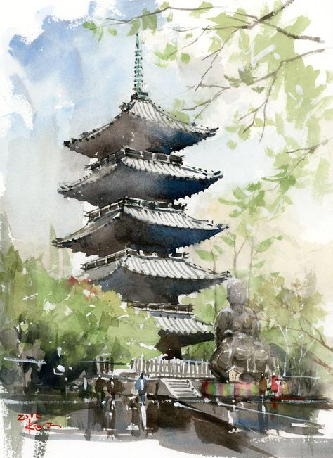 Kazuo Hasegawa Japan Watercolor, Lukisan Lanskap, Japanese Watercolor, Watercolor Architecture, Cat Air, Art Asiatique, Watercolour Inspiration, Kunst Inspiration, Architecture Drawing Art