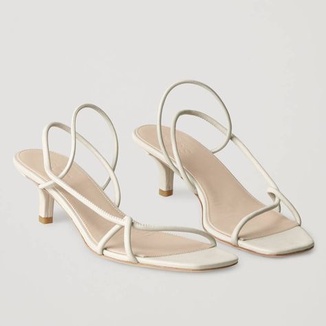 Strappy Sandals Aesthetic, White Strappy Kitten Heels, White Kitten Heel Sandals, White Kitten Heels Wedding Shoes, Cute Kitten Heels, White Heel Sandals, Strappy Sandals Outfit, Kitten Sandals, White Kitten Heels