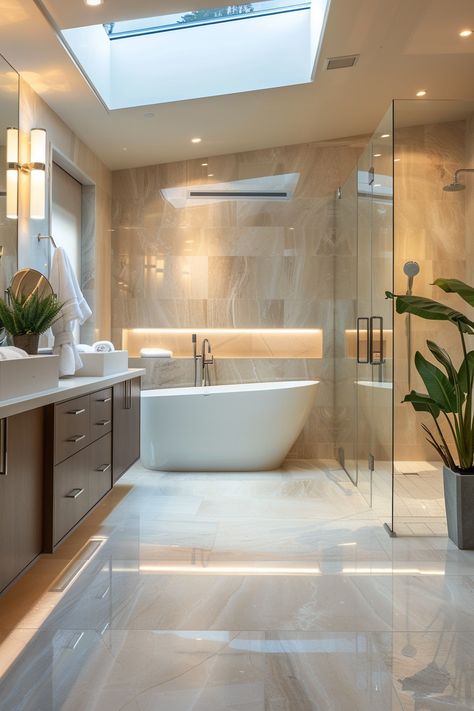 Luxury Marble Bathroom: Elegance & Functionality Combined! Self Standing Bathtub, Luxury Modern Master Bath, Luxury Bathroom With Bathtub, Bathroom With Bathtub Ideas, Master Ensuite Bathroom Luxury, Modern Bathroom With Bathtub, Modern Bathroom Bathtub, Dream Bathrooms Luxury Modern, Cozy Bathtub