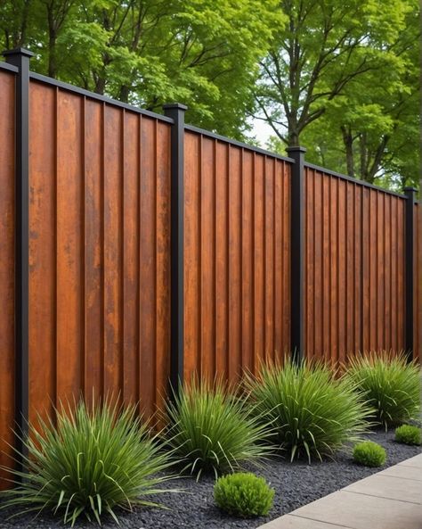 Metal Privacy Screen Panels, Privacy Pool Fence Ideas, Tall Fence Ideas, Unique Privacy Fence Ideas, Backyard Fence Ideas, Modern Wood Fence, Steel Fencing, Unique Landscaping, Fountain Waterfall