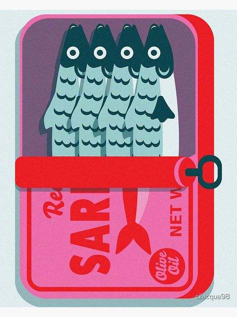 "Real Sardines in Olive Oil" Sticker for Sale by cilacqua98 | Redbubble Sardine Can Painting, Tin Can Illustration, Sardine Tin Illustration, Sardines Aesthetic, Sardine Artwork, Sardines Drawing, Sardine Can Art, Sardine Packaging, Sardine Illustration