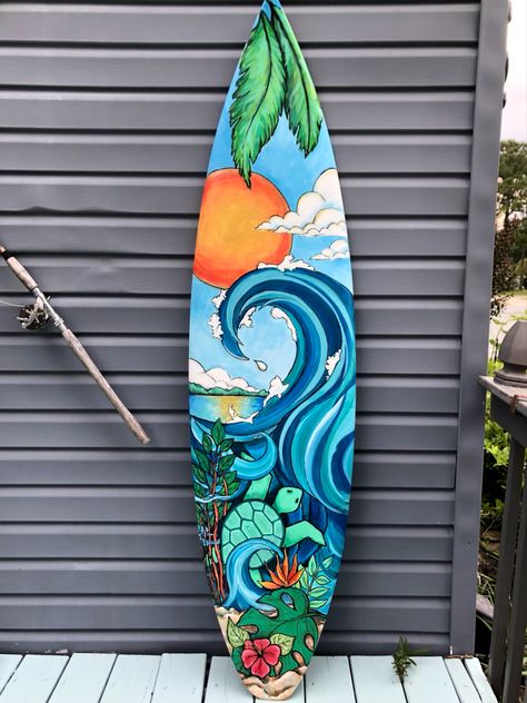 Custom surfboard for outdoor shower or beach home. Commissioned artist painted this surfboard for a home in Sunset Beach, NC. #recycle #repurpose #outdoordecorations #beachhousedecor #seaturtleart Designer Surfboard, Surfboards Artwork, Surfboard Art Design, Deco Surf, Surfboard Painting, Surf Painting, Wake Ideas, Surfboard Decor, Surfboard Wall Art